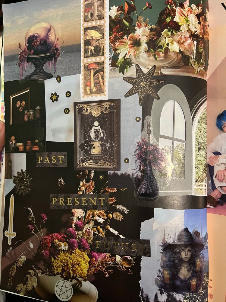 A scrapbook page shows dried flowers, blue sky, witches, and the words “Past, Present, Future”.