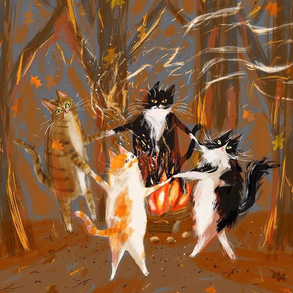 Four cats dance in fall woods by a bonfire.