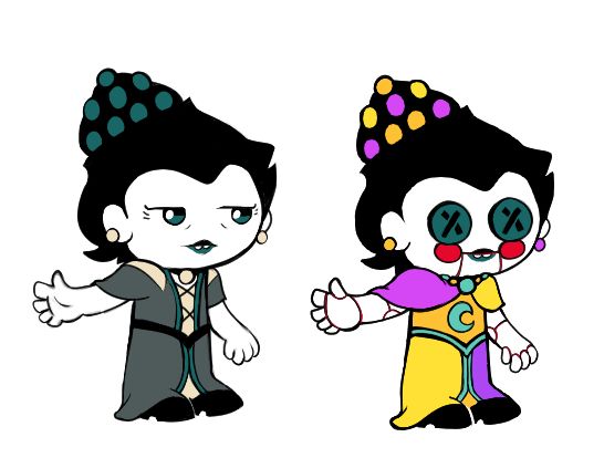 Jazz Sassacre from Carr*on.

A buck-toothed woman with her black hair pulled up in a bun covered in jewelry, wearing a vaguely renaissance style dress in dull green and grey.

Her "dreamself" is wearing a stitched together yellow, orange, and purple version of the dress, and has button eyes and a puppet-like face.