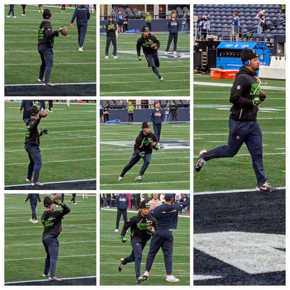 Jaxon Smith-Njigba warming up before today's Seahawks - Colts game 