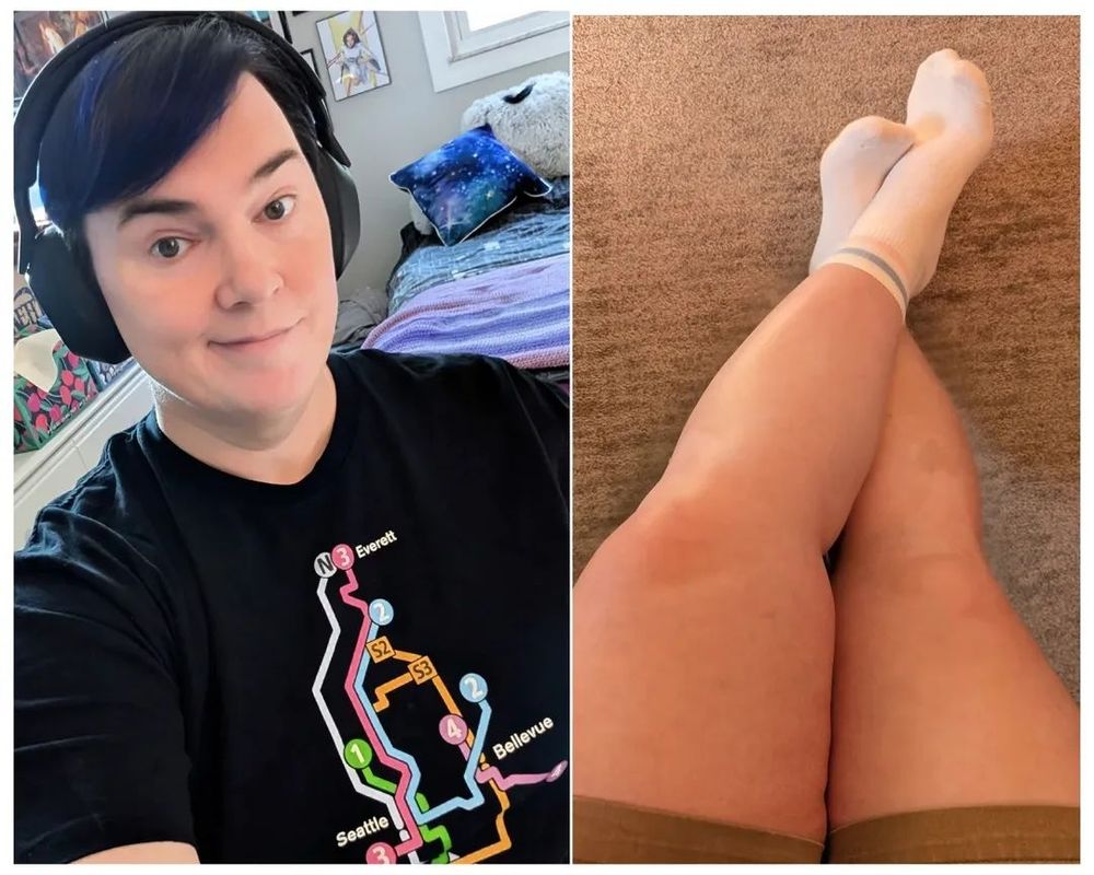 Mona takes a selfie wearing her t-shirt of Sound Transit routes in the Seattle area. She is also wearing white socks with pink and light blue stripes.