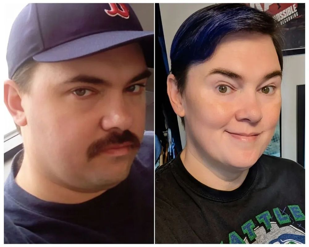 Two selfies of Mona. On the left, pre-transition Mona from August 11, 2010. She has a very sad mustache and there is no light behind her eyes. On the right, Mona on August 11, 2025. Blue-haired, smooth-faced and better for the struggle.