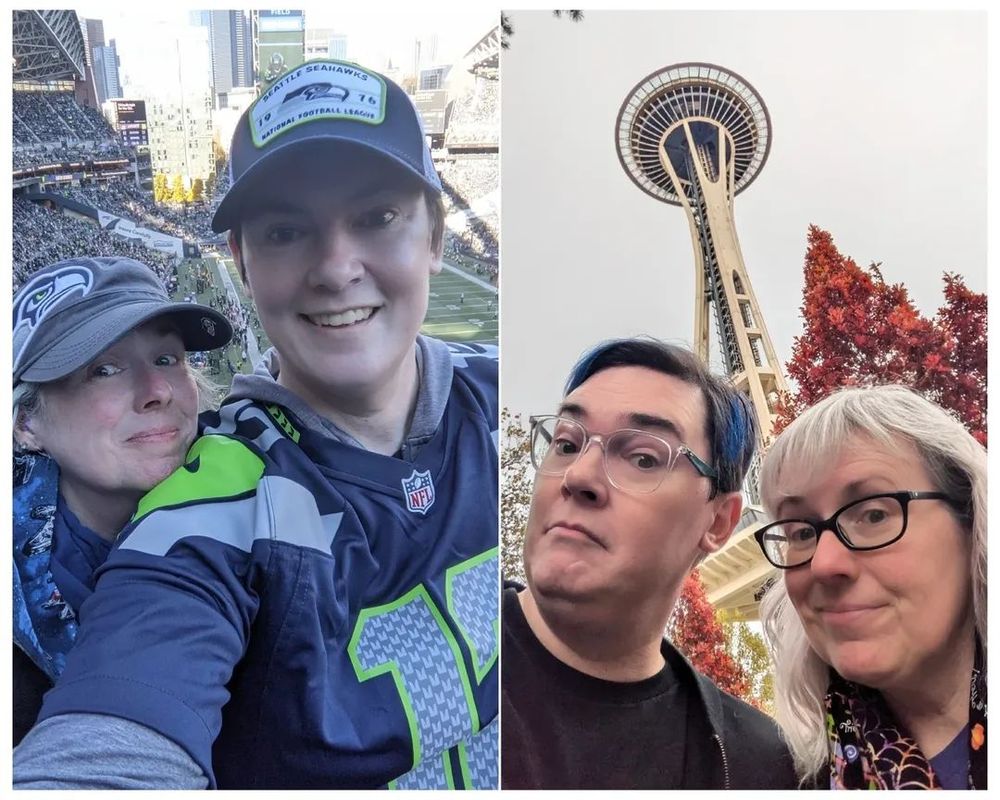 Seattle selfies of Mona and Nat. At a Seahawks game in 2021, at the Seattle Center in 2024.