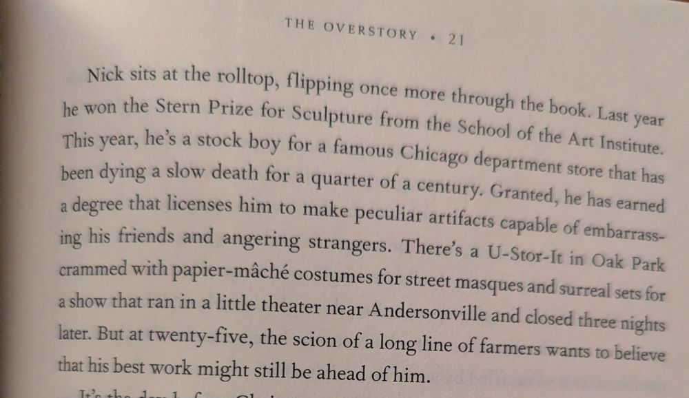 Excerpt from "The Overstory" that references Chicago department stores, Oak Park, and Andersonville all in one paragraph 