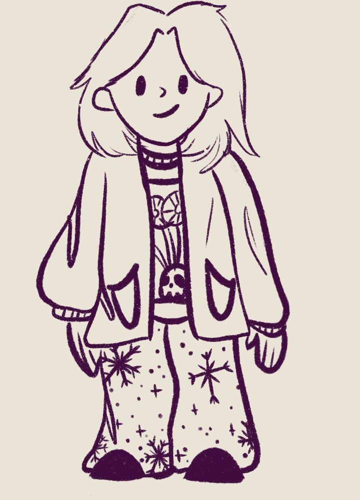 Quick sketch of what the artist from sour goblin is wearing. Cardigan, t-shirt, and snowflake sleep pants
