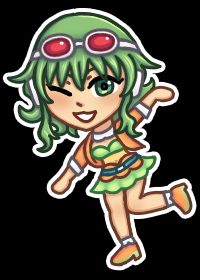 A drawn and colored full-body artwork of Gumi the Vocaloid in a simplified chibi style. She is standing at a slight angle on one leg. Her arms are splayed outwards diagonally, and she is winking. The artwork has a white, sticker-like outline.