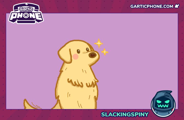 A portrait drawing of Dozy, a golden retriever from the game Fields of Mistria. He is slightly angled to his left. His tail can be seen wagging. The background is a desaturated purple color.