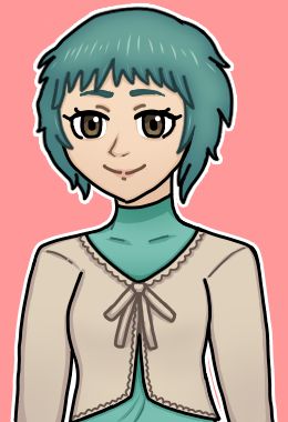 A bust portrait of the character Fuuka Yamagishi from Persona 3 in her casual wear (she wears a turquoise turtleneck shirt under a beige sweater which has frilled edges and is wrapped with a bow). The background is a solid color: warm pink. She is smiling towards the POV at a 3/4 angle.