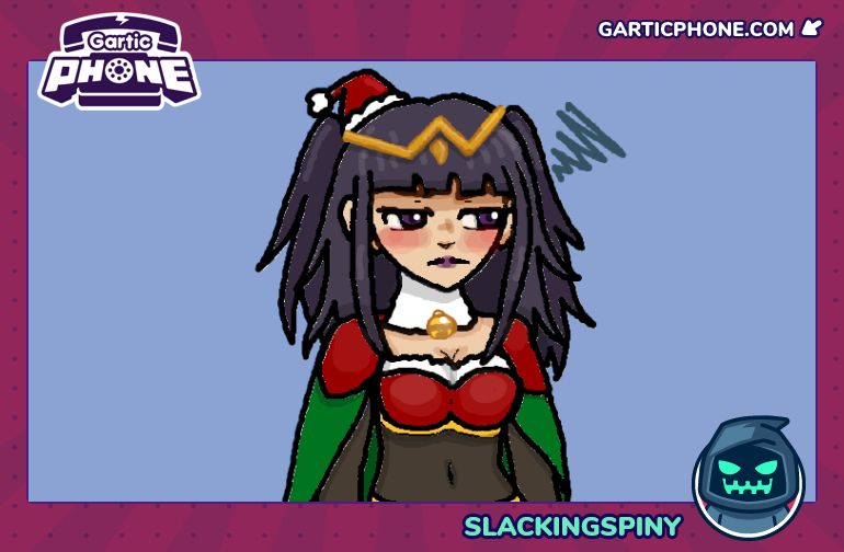 A bust portrait of Tharja from Fire Emblem Awakening. She is wearing an alternate, Christmas-themed outfit that is red and green instead of her traditional black clothing. She also adorns a Santa hat. She is glancing to her left and blushing with a bashful frown. The background is a de-saturated blue.