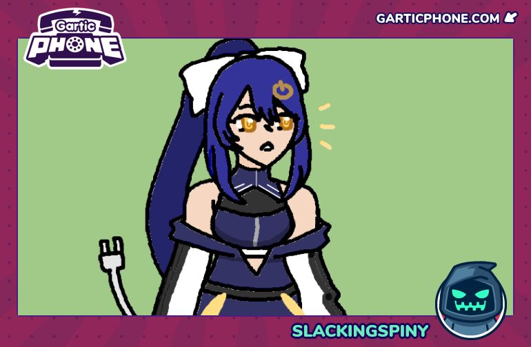 A drawing of the android vtuber Aneoko from the waist up. She has navy blue hair in a ponytail, and wears a jacket over a navy blue sleeveless shirt. She is glancing to her left against a solid green background.
