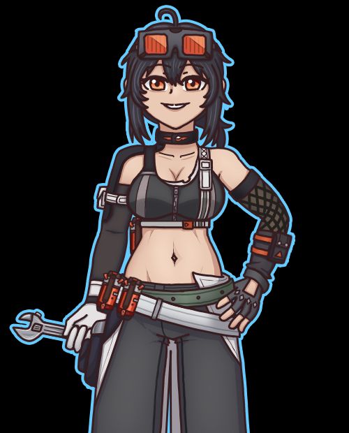Fanart of Grace Howard from Zenless Zone Zero. She is smiling and facing forwards. Her left hand is on her hip, and her right is holding a wrench horizontally.