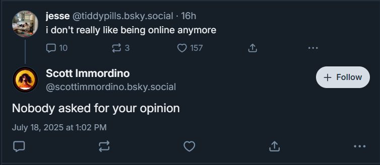 a reply to my recent tweet that read "i don't really like being online anymore". the reply is by a user who does not follow me named Scott Immordino and reads "nobody asked for your opinion." 