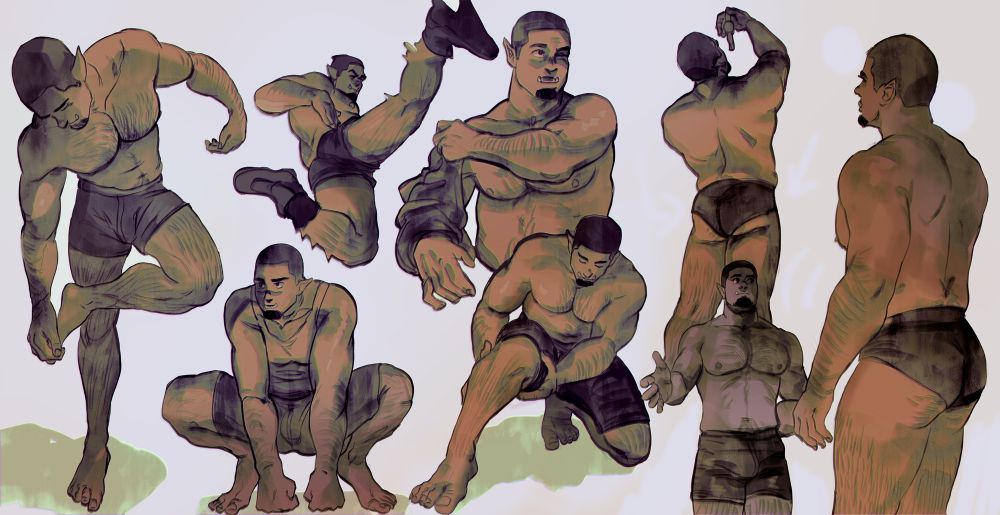 A collection of gesture sketches featuring Luka in various action-oriented poses. Some depict him stretching, crouching, or mid-kick, while others show him adjusting his clothing or looking over his shoulder. The shading and anatomy emphasize his muscular build and natural movement. The color palette is warm and earthy, bringing a grounded, organic feel to the study.