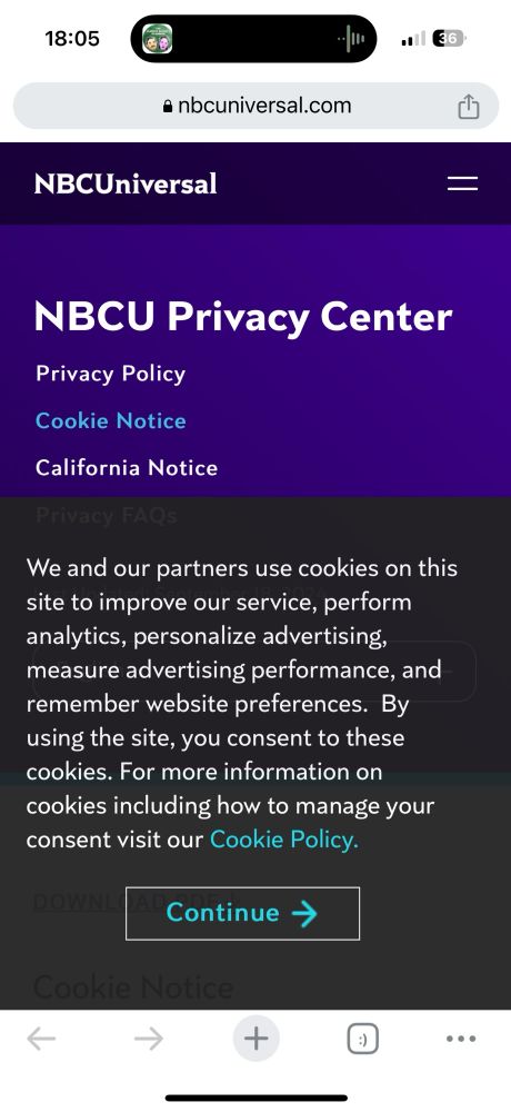 A screenshot of the NBC Universal privacy center cookie notice page, which was the only option other than accepting cookies on the page I wanted to view, almost fully obscured by the same cookie notice present on the original page, preventing the user from reading the cookie notice reasonably without first accepting cookies. 