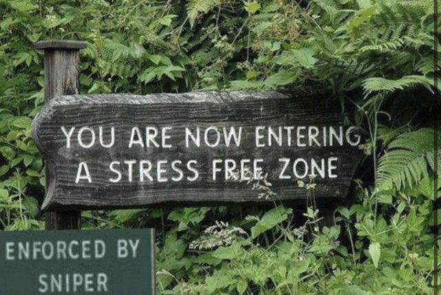 A sign in a forest that reads “You are now entering a stress free zone” and a smaller sign that reads “enforced by sniper”