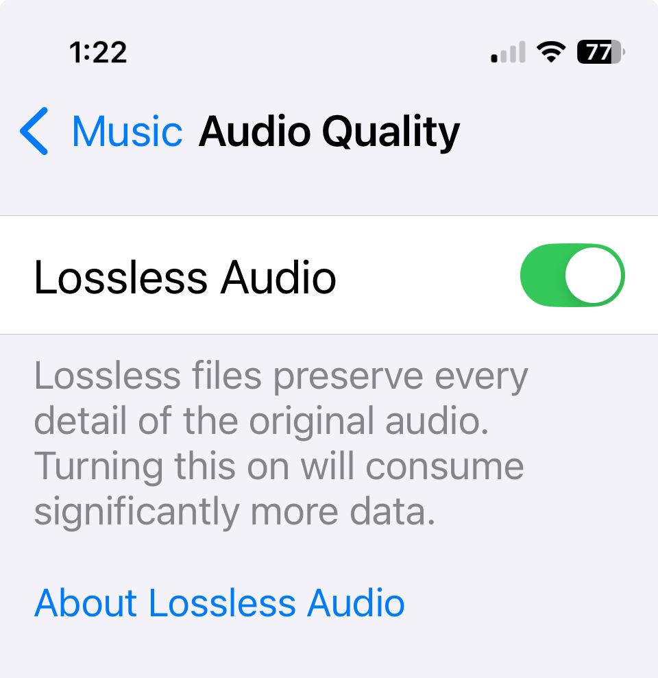 A slider showing the ability to turn on/off Lossless Audio. 

Text reads below slider:
"Lossless files preserve every detail of original audio.
Turning this on will consume significantly more data."

"About lossless audio"

[END OF DESCRIPTION.]