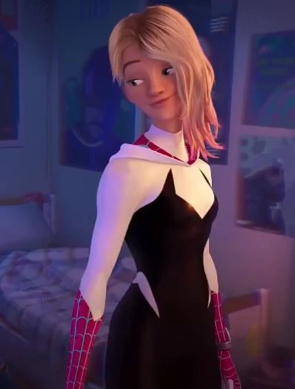 BEGINNING OF DESCRIPTION. 

Foreground: The character 'Gwen Stacy' from the animated "Spiderverse" series [which particular movie cannot be extrapolated from this image] of films is pictured in 3/4 view turned to her left (portrait right), and head turned 3/4 view in the opposite direction. She is pictured from the mid-leg up, and smiles slightly off screen in costume with her cowled hood down. 

She has an asymmetrical a-line haircut (one side being a near buzz-cut, and the other with the longest strands reaching her shoulder) with pink dip-dyed tips on the longer side. 
The costumed suit is mostly black, with a large secondary color of white, red gloves, and red interior of the cowl. 

The black coloration of the costume's shape is a feminine a tanktop-looking style, with sharp edges where the "straps" would typically go, and "spider-leg" like shapes of white act as detailing at the waist of the costume. 
The red of the gloves and interior cowl has white spiderwebbing details. 
The remainder of the costume, which covers all but her head, is white. 

Background: A slightly blurred teenage-stylized bedroom can be seen in the background. Including an unmade bed, and hung posters of various sizes. 

The bed frame is wooden, and primarily white with some light brown accents. 
The bedding is primarily white but appears blue-ish in this lighting, and has a striped pattern on the blanket, similar to tartan, but more plain. 
The posters feature what appears to be fictional singers and bands primarily, though some are unclear. 

A stack of large, heavy-looking books lay in the corner. Presumably school textbooks, though it is not completely clear.

There appear to perhaps be other objects on/behind the bed. Perhaps to be assumed to be dirty clothes, but it is extremely hard to make out. 

END OF DESCRIPTION.