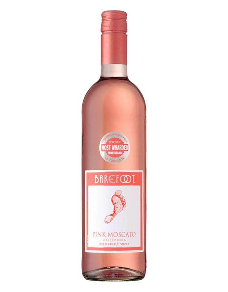 A bottle of "Barefoot Wine" Pink Moscato which features a bare footprint