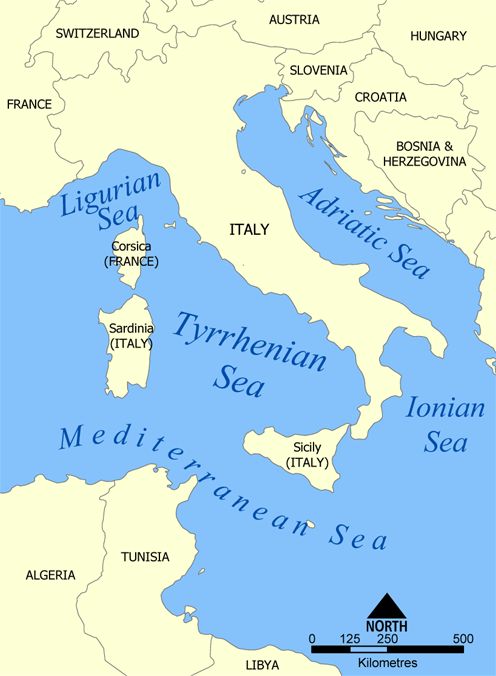 A map showing the central Mediterranean, with the Tyrrhenian Sea being the arm of the Mediterranean between Italy, Corsica, Sardinia, and Siciliy. Source: NormanEinstein, https://commons.wikimedia.org/wiki/File:Tyrrhenian_Sea_map.png