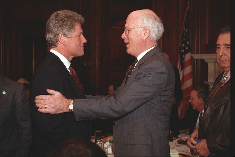 A photo of US Senator Patrick Leahy greeting US President Bill Clinton in 1993