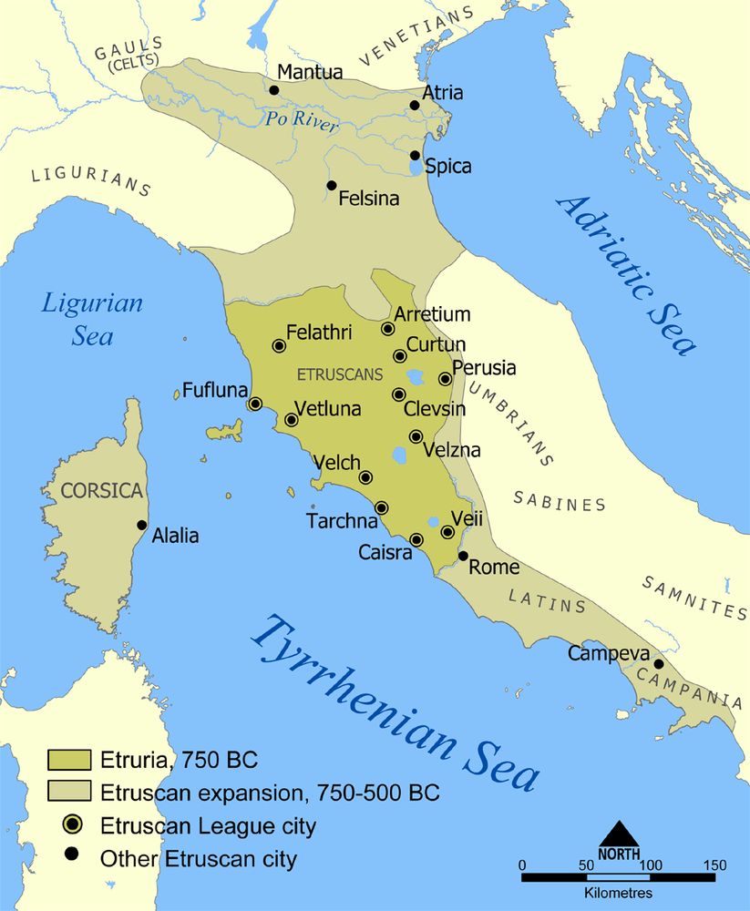 A map showing the extent of Etruria and the Etruscan civilization. The map includes the 12 cities of the Etruscan League and notable cities founded by the Etruscans, 750-500 BCE. Source: NormanEinstein, https://commons.wikimedia.org/wiki/File:Etruscan_civilization_map.png