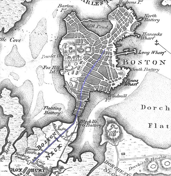Early map of Boston showing the neck. From the collection of en:Historic New England. The blue line shows present-day Washington Street. Source: Historic New England, https://commons.wikimedia.org/wiki/File:BostonNeck.jpg