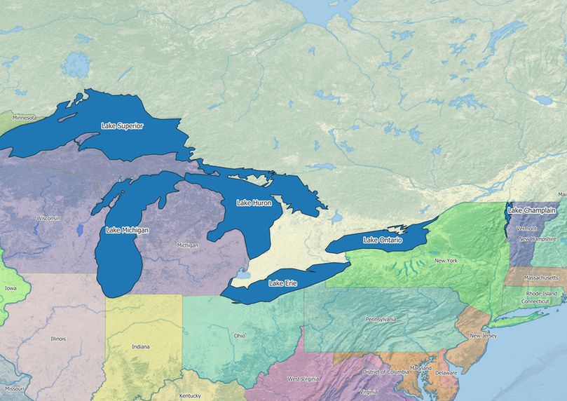 A map showing the five Great Lakes and Lake Champlain