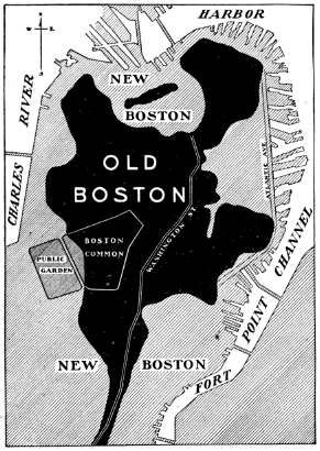 A map showing 'Old Boston' as it existed prior to land reclamation in the 19th century on the Shawmut Peninsula and 'New Boston,' all the land added during the 19th century land reclamations, including all of the modern-day waterfront and the Public Garden. Source: https://commons.wikimedia.org/wiki/File:Oldandnewboston.jpg