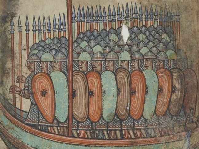 An excerpt from a c.1100 manuscript showing the Viking attack on Guérande, France, with the Vikings wearing identifiably iron armor and wileding iron swords. Source: https://commons.wikimedia.org/wiki/File:Viking_attack_on_Gu%C3%A9rande,_from_a_Saint-Aubin_MS_(cropped).jpg