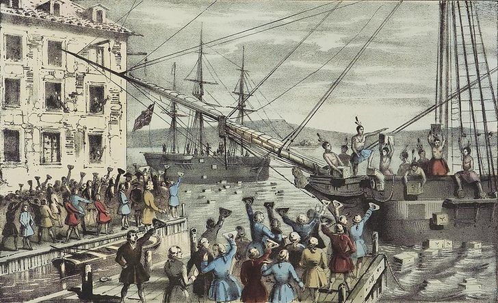 "The Destruction of Tea at Boston Harbor" by Nathayel Corrier, 1846. The portion of Boston Harbor in which the colonists threw tea is now on dry land.