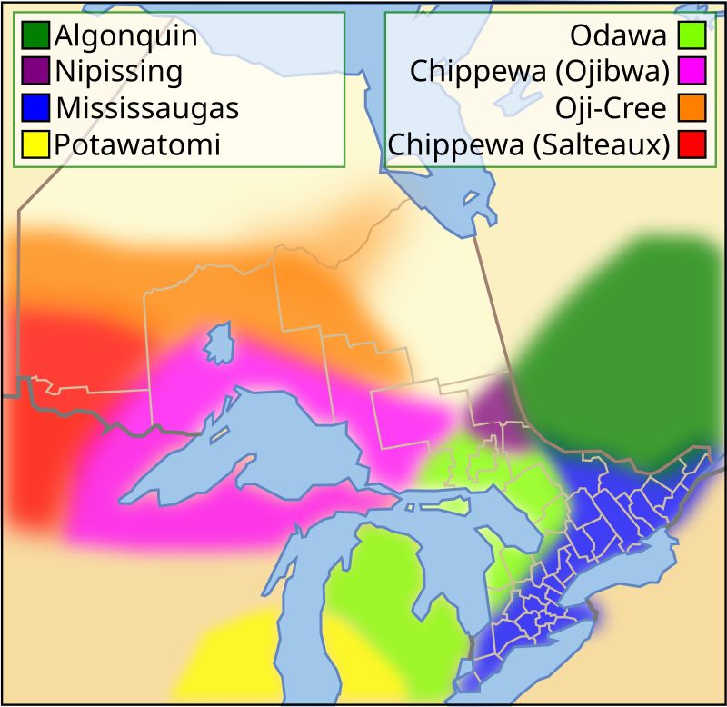 A map of the Native language families around the Great Lakes, with the Chippewa (Ojibwa) family surrounding Lake Superior