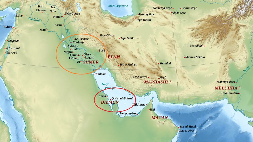 A map of the ancient Middle East around 2,500-2000 BCE, with Sumer in what is now southern Iraq circled in orange and Dilmun in what is now Bahrain, Qatar, and eastern Saudi Arabia circled in red. Source: https://commons.wikimedia.org/wiki/File:Moyen_Orient_3mil_aC.svg

#MiddleEast #Sumer #AncientHistory #History #Bahrain #SaudiArabia #Qatar #Iraq #EaNasir #Meme #Copper