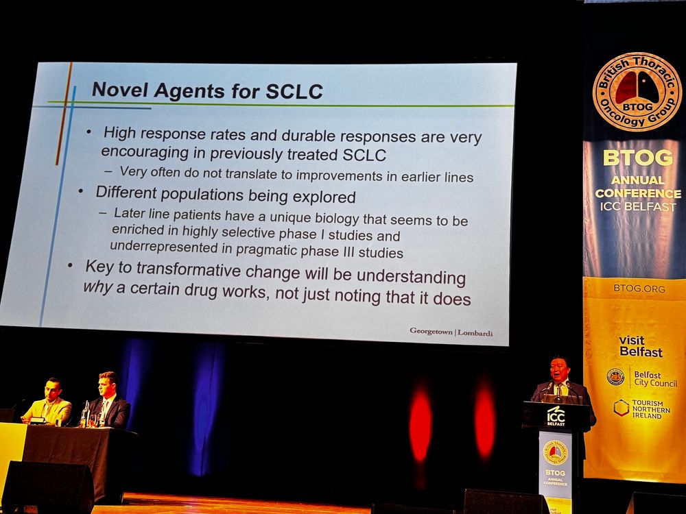 Photo of Dr Stephen Liu w slide on his he novel agents for small cell lung cancer 