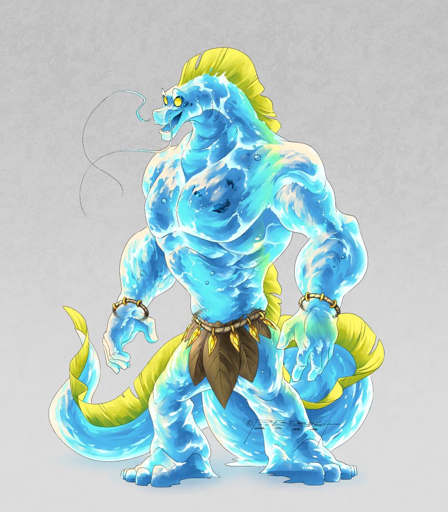Water elemental in the form of a muscular ribbon eel. He wears a leaf loincloth and bands across his wrists