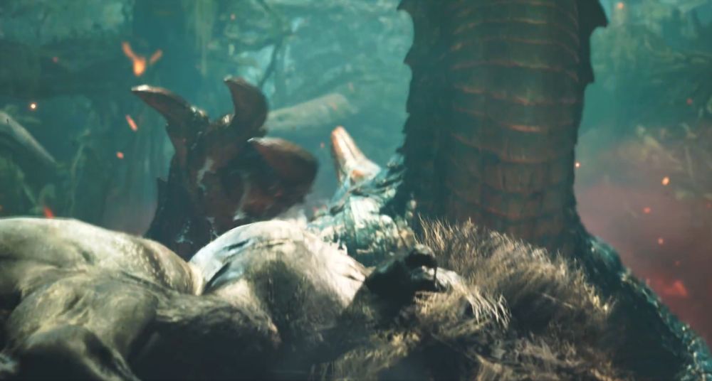 A screenshot off the title update 1 trailer for Monster Hunter wilds. It is of a lagiacrus stomping over a Doshaguma as he appears out of the water.
