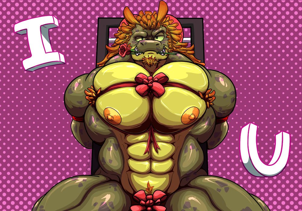 Victor (wrestling persona Zephyr) is a moss colored feathered serpent who's bound to a chair with red tape. He's wearing no clothes but has a rose in his maw with a seductive look. The tape around his chest makes his pecs form a heart shape, to the left of the chair is a floating I and to the right a floating U. Forming the message I <3 U.