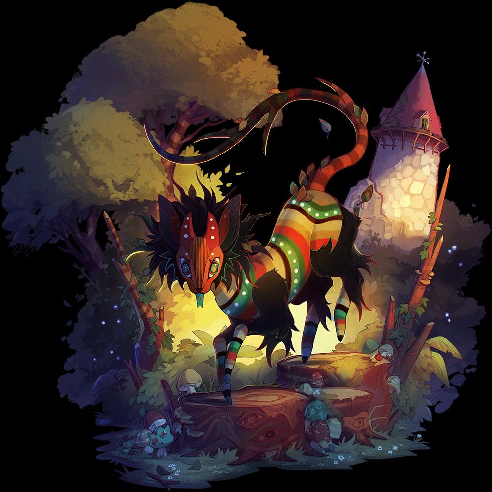 A drawing of a creature resembling a cat with a mask-like face. She is walking across a grouping of tree stumps. The creature is brightly colored, and decorated with stripes and spots with wild black fur on their head and legs. Their branch-like tail is accented with leaves. The background is a forest at sunset, with mushrooms and plants dotting the ground, and a stone tower surrounded by bushes.