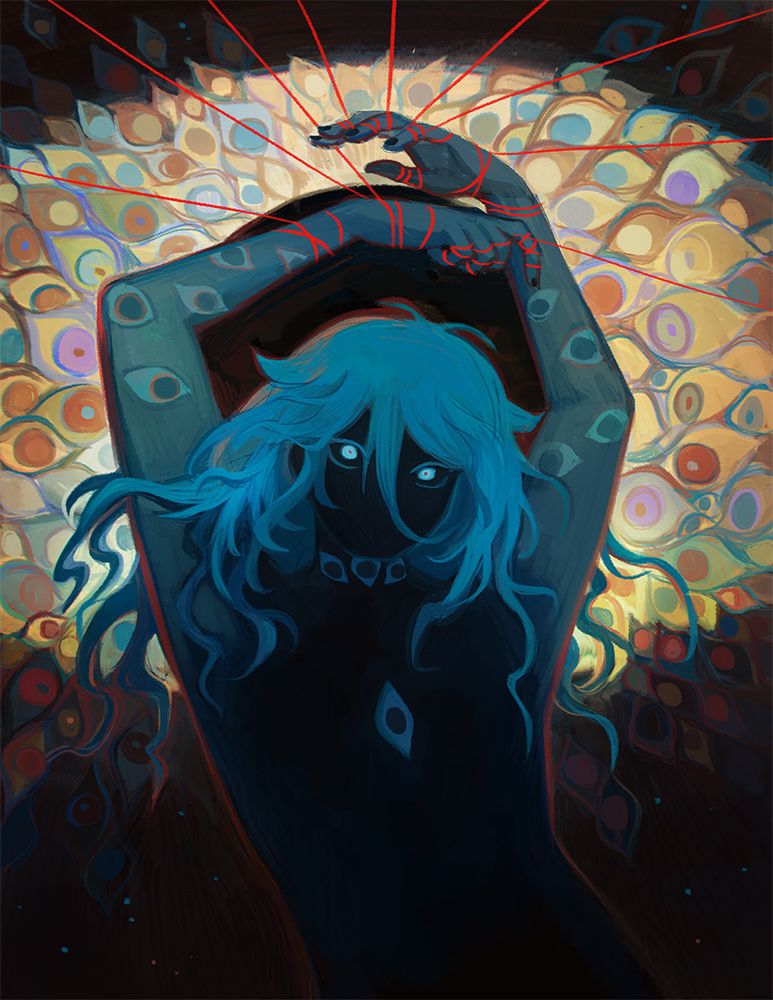 A drawing of dark blue silhouetted figure shown from the waist up. They have blue hair. Their arms are raised above their head with hands tangled in red threads. The background is a large eye made from multiple smaller eyes.