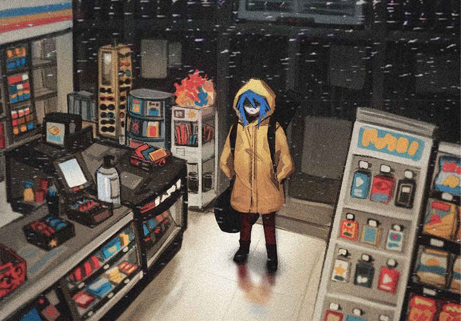 A drawing of a lone figure with Blue hair standing inside the entrance to a convenience store. The image is framed from the perspective of a security camera, with light distortion and grain for an ominous effect. The character is dressed in a raincoat, red pants, black boots, and with a guitar case strapped to their back.