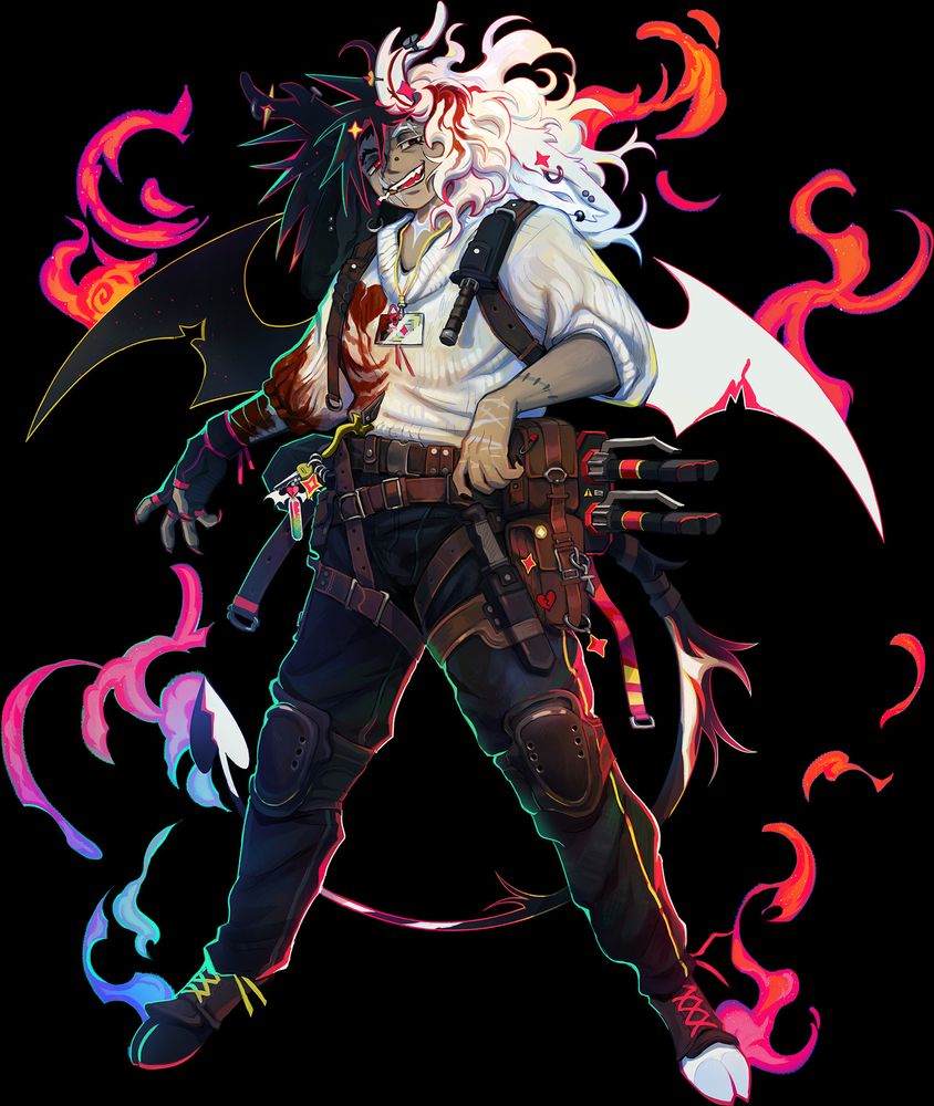 A drawing of a tall human-like person with antlers, bat wings, spade tail, and hooves. They are dressed in a white sweater, numerous belts, and tactical gear. They are smoking a cigarette, and are surrounded in flames.