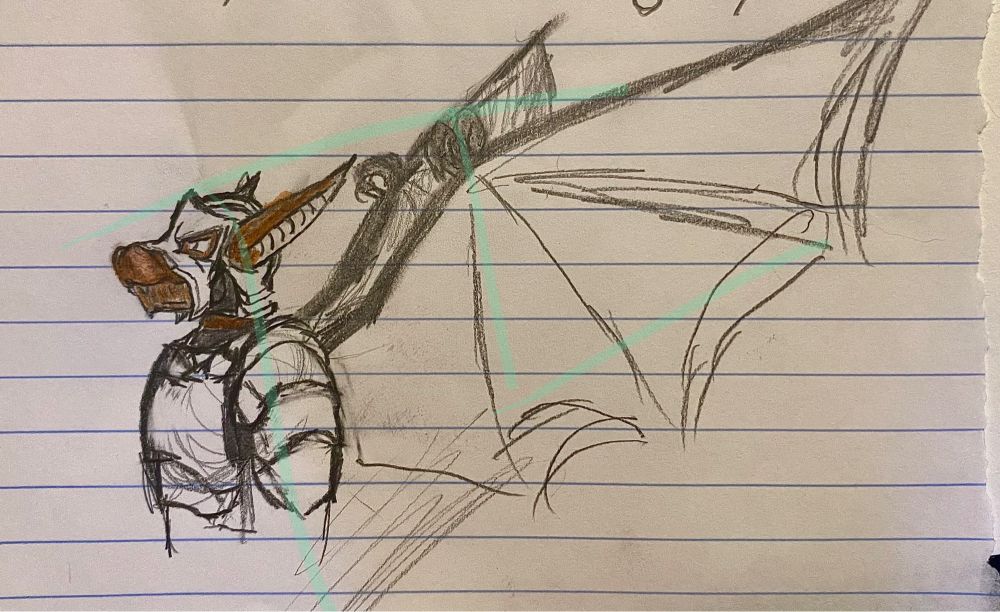 A rough sketch of a bat-like person wearing plate armor with his wings stretched out behind him.