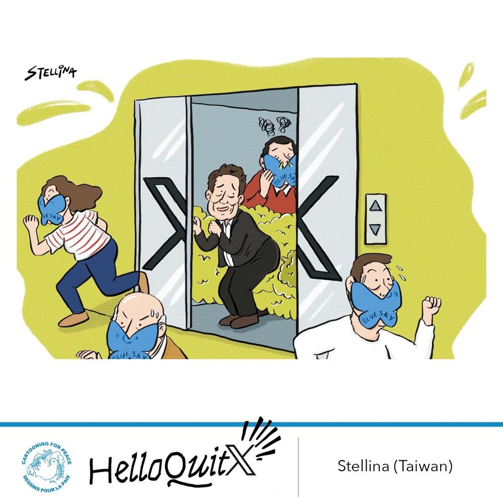 Des gens fuient un ascenseur nauséabond marqué du logo de X. Pour se protéger, ils portent des masques en forme de papillon. Dessin : Cartooning For Peace