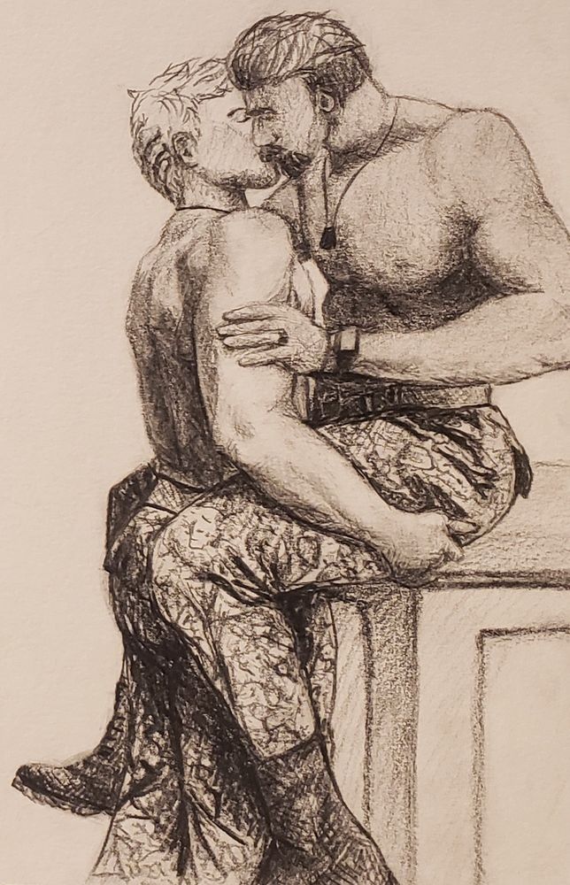 Pencil drawing of SEP-era Jack Morrison and Gabriel Reyes kissing, Jack is standing holding Gabe as he sits on a plinth