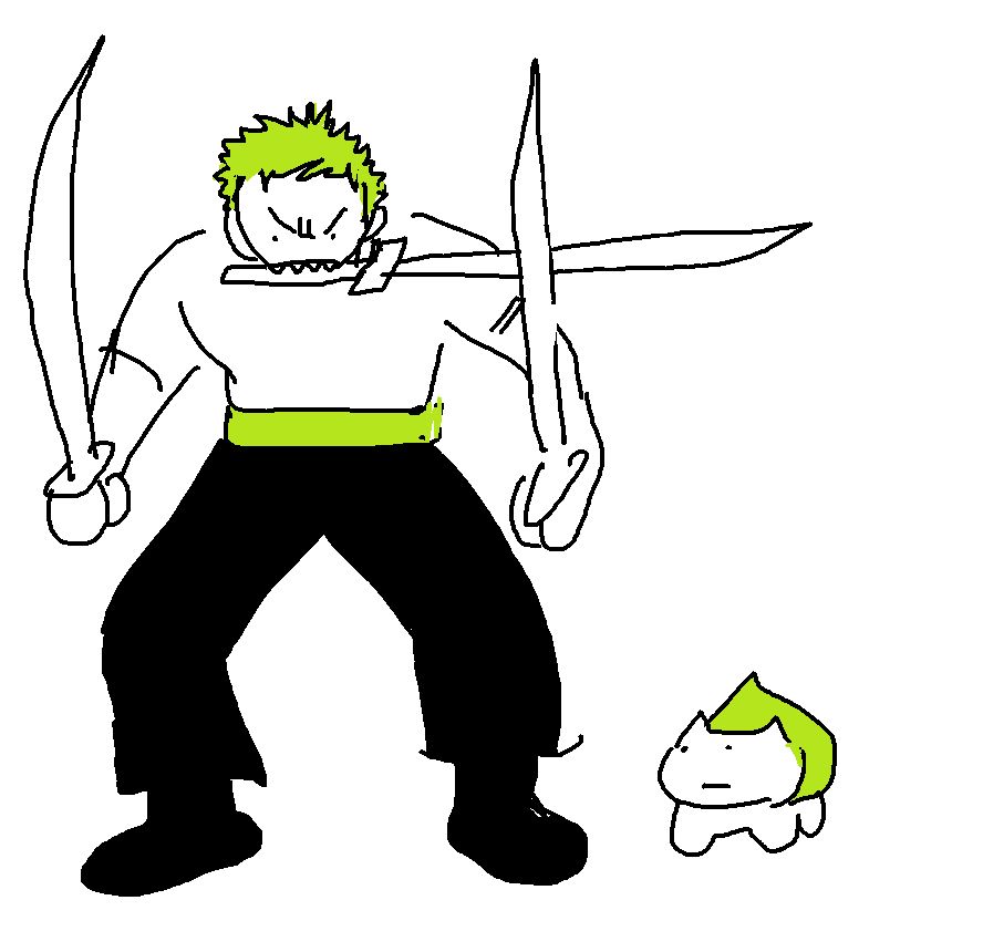 sketch of zoro from one piece in 3 sword style format. a little bulbasaur is by his feet, watching him.