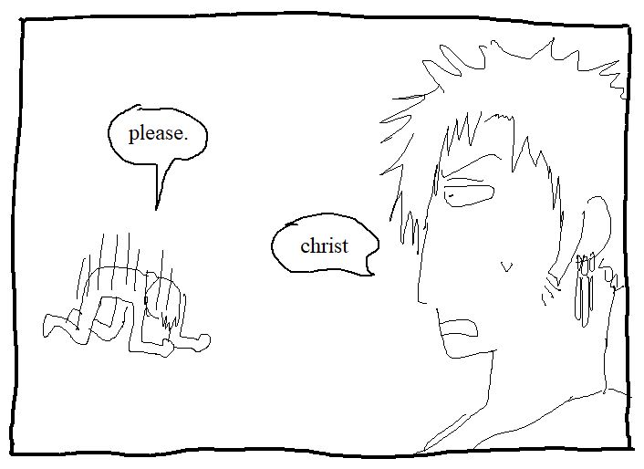 sanji has crumpled to the floor, dejected, as he begs, "please."
zoro looks on his mild horror as he says, "christ".