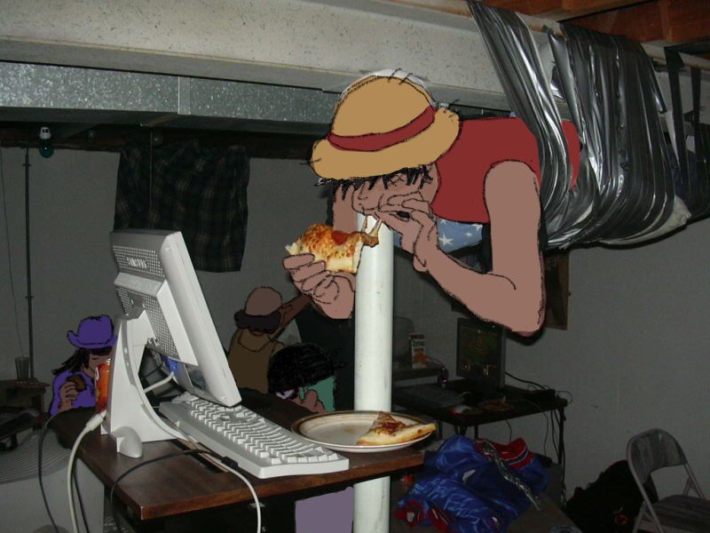 redraw of the classic LAN party image where a guy is taped to the ceiling eating pizza only it’s luffy doing it now. robin, usopp, and zoro can also be seen gaming in the background. also zoro has on his bandana so you know it’s serious