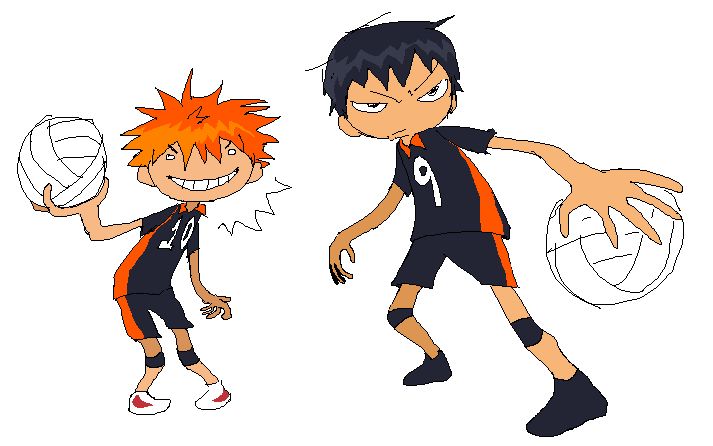 fan art of first year hinata and kageyama from haikyu! hinata is holding a volleyball and grinning. kageyama is also holding a volleyball and looks mad.