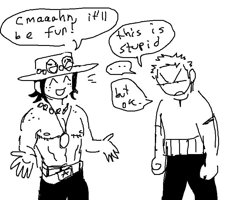 ace has his arms outstretched and is grinning, saying, "c'mon, it'll be fun!". zoro has his fists clenched as he says, "this is stupid...but ok."