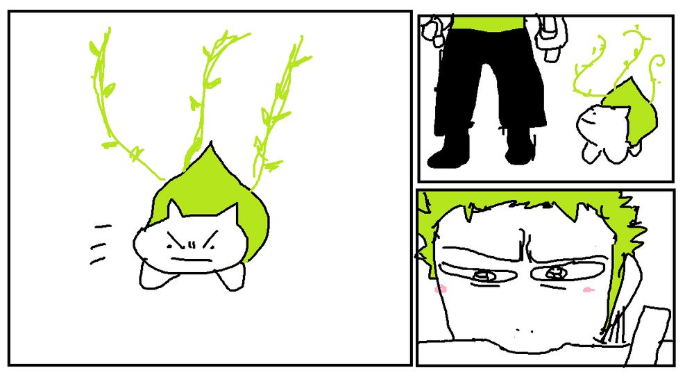 the bulbasaur sprouts three vines, looking angry to match with zoro. in the next panel, she looks up at him to see what he thinks. the last panel is a close up of zoro, trying not to get emotional but is clearly getting emotional. tears in his eyes and all.