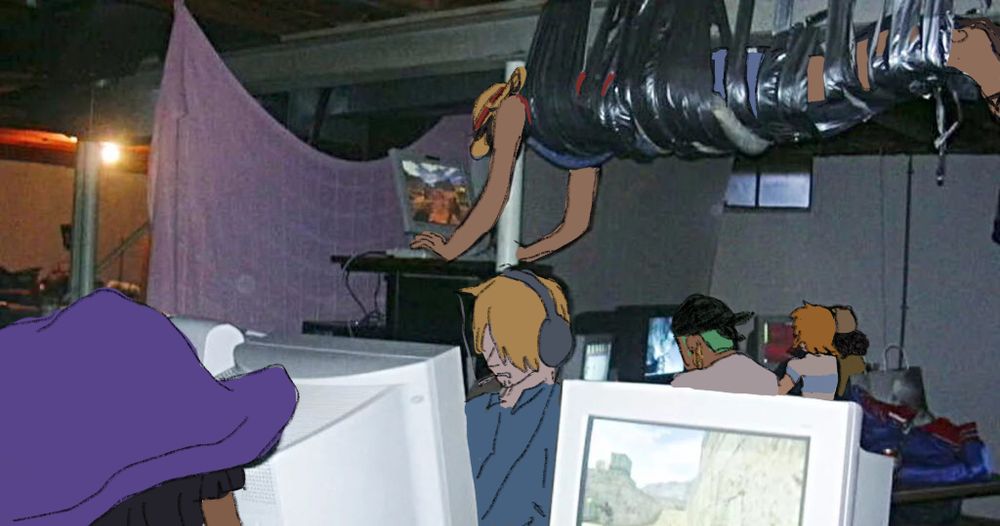 LAN party from a different angle; sanji and nami are here now also gaming, and luffy still up there. robin zoro and usopp are also in here on their old ass computers 